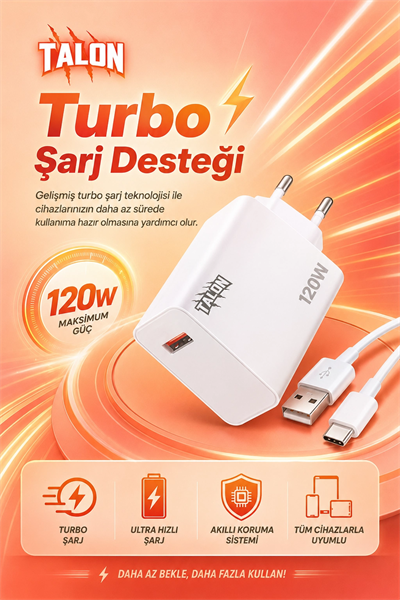 Turbo Şarj Destekli 120W Adaptör Ve Kablo Seti Telefon Uyumlu Pratik Kullanım