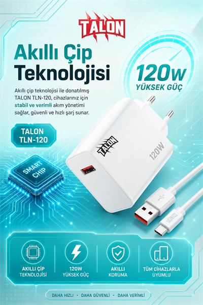 Turbo Şarj Destekli 120W Adaptör Ve Kablo Seti Telefon Uyumlu Pratik Kullanım