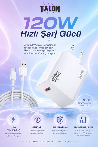Turbo Şarj Destekli 120W Adaptör Ve Kablo Seti Telefon Uyumlu Pratik Kullanım