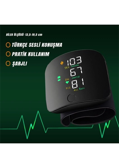 Türkçe Konuşan Şarjlı Bilekten Dijital Tansiyon ve Nabız Ölçüm Cihazı LCD Ekranlı