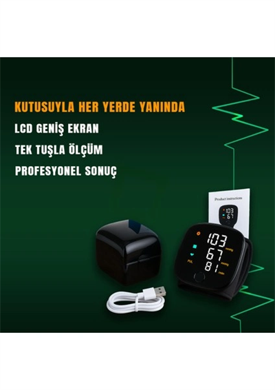 Türkçe Konuşan Şarjlı Bilekten Dijital Tansiyon ve Nabız Ölçüm Cihazı LCD Ekranlı