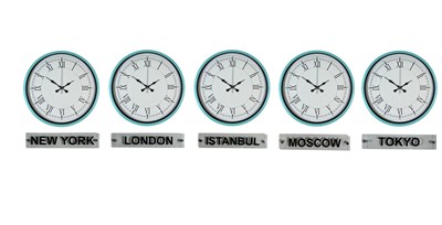 Turkuaz 36 Cm 5 li Tabelalı Dünya Saatleri