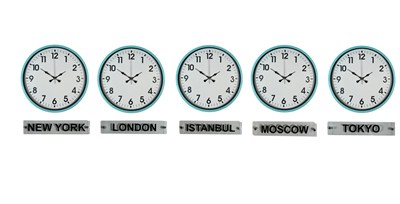 Turkuaz 36 Cm Tabelalı 5 li Dünya Saatleri