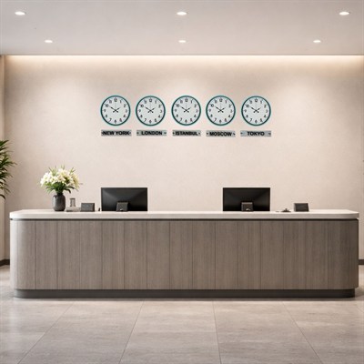 Turkuaz 36 Cm Tabelalı 5 li Dünya Saatleri