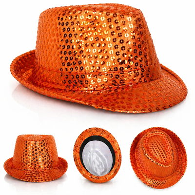 Turuncu Payetli Disco Parti Şapkası Yetişkin Işıltılı Fötr Model