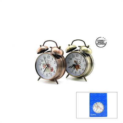 Twın Bell Alarm Clock Yuvarlak Masa Çalar Saat Metal Kasa Eskitme Desenli Pilli - Işıklı Çap: 10cm Bgc-52 Herhangi Bir Renk Gönderilir Bx40