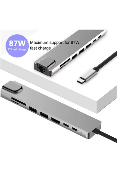 Type-C Çoklu Dönüştürücü – 87W PD, HDMI, 2x USB 3.0, RJ45, SD/TF Kart Girişli Hub