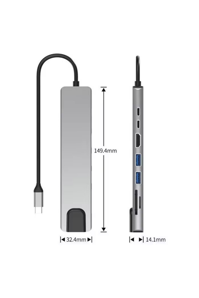 Type-C Çoklu Dönüştürücü – 87W PD, HDMI, 2x USB 3.0, RJ45, SD/TF Kart Girişli Hub