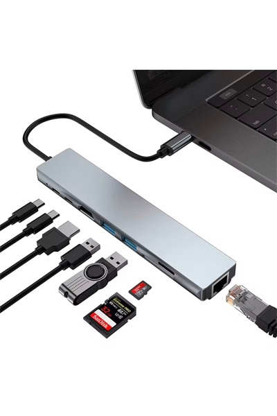 Type-C Çoklu Dönüştürücü – 87W PD, HDMI, 2x USB 3.0, RJ45, SD/TF Kart Girişli Hub