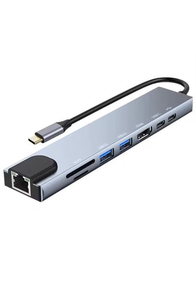 Type-C Çoklu Dönüştürücü – 87W PD, HDMI, 2x USB 3.0, RJ45, SD/TF Kart Girişli Hub