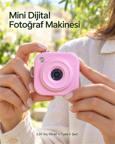 Type C Şarjlı Pembe Mini Fotoğraf Makinesi Taşıma Askılı Dijital Kamera