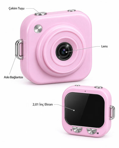 Type C Şarjlı Pembe Mini Fotoğraf Makinesi Taşıma Askılı Dijital Kamera