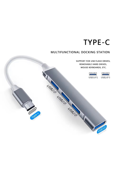 Type-C USB Çoklayıcı Hub | 1x USB 3.0 + 3x USB 2.0 | Yüksek Hızlı Dönüştürücü Adaptö