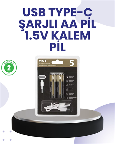 Type-C USB ile Hızlı Şarj Edilebilir AA Kalem Pil | 1.5V Lityum | Çiftli Paket