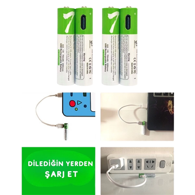 Type-C ile Şarjolabilen 4 lü AAA 1.5V Lityum İnce Şarjlı Kalem Pil 750 mAH Uzun Ömürlü