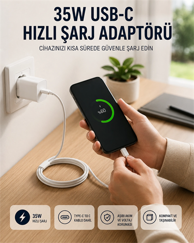 Type-C to C Kablolu 35W Hızlı Şarj Başlığı Set