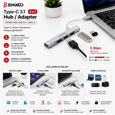 Type-c 3.1 Giriş 4ın1 Usb Çoğaltıcı 4 Anahtarlı Port - Hı-speed Usb 3.0 - Usb 2.0 Hub Adaptör Ekd-tp50 Bx40