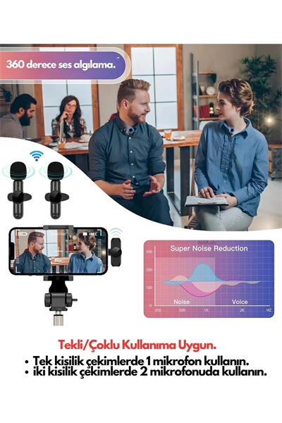 Type-C Çiftli Kablosuz Yaka Mikrofon Seti Telefon Vlog Canlı Yayın TikTok YouTube Uyumlu