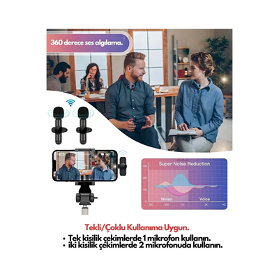 Type-C Çiftli Kablosuz Yaka Mikrofon Seti Telefon Vlog Canlı Yayın TikTok YouTube Uyumlu