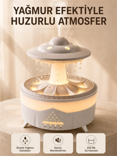 UFO Tasarımlı 350 ML Hava Nemlendirici Renkli Ortam Işığı Yağmur Efektli Difüzör