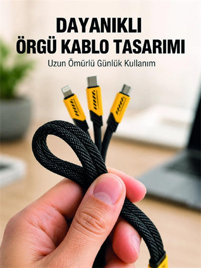 USB 3ü 1 Arada Şarj Kablosu 240W PD Destekli Çoklu Şarj Kablosu