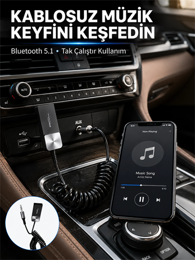 USB AUX Bluetooth Adaptörü Kablosuz Ses Aktarım Cihazı