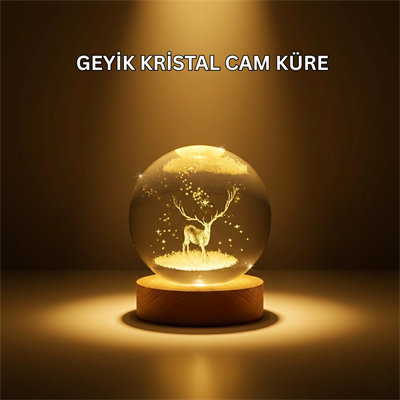 USB Bağlantılı Geyik Temalı Kristal Küre Premium Masa Gece Lambası