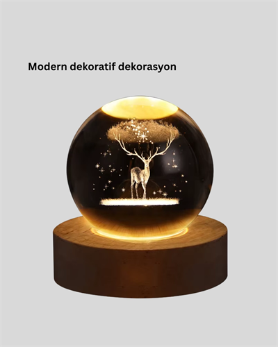 USB Bağlantılı Geyik Temalı Kristal Küre Premium Masa Gece Lambası