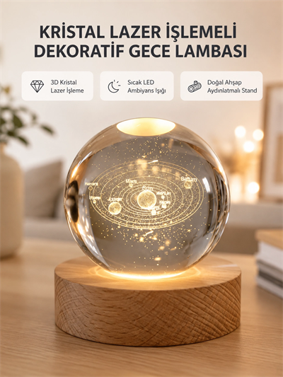 USB Bağlantılı Işıklı Kristal Küre Modern Ahşap Tabanlı Dekor