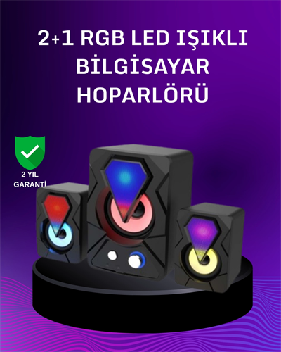 USB Bağlantılı RGB 2.1 Hoparlör Seti Derin Bas ve Renkli Işık