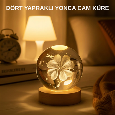 USB Bağlantılı Yonca Bitkili Cam Küre Ahşap Altlıklı Dekoratif Lamba