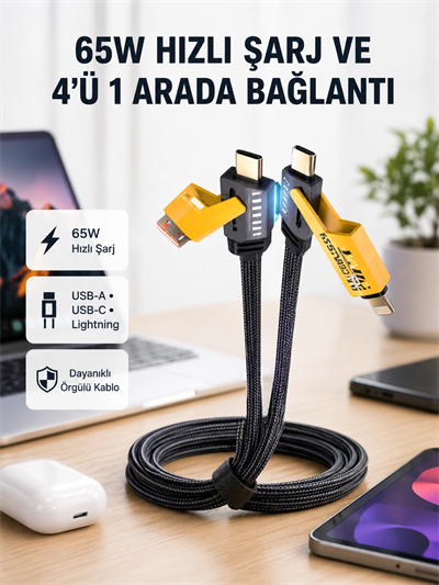 USB-C USB-A 4’ü 1 Arada Örgülü Kablo 65W Hızlı Şarj Metal Uç Dayanıklı
