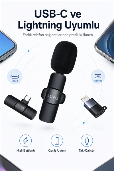 USB-C ve Lightning Uyumlu Kablosuz Yaka Mikrofonu Tak Çalıştır Telefon Ses Kayıt Seti