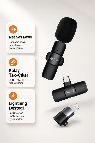 USB-C ve Lightning Uyumlu Kablosuz Yaka Mikrofonu Tak Çalıştır Telefon Ses Kayıt Seti