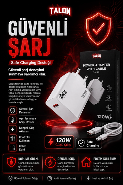 USB Kablolu 120W Güç Adaptörü Hızlı Şarj Destekli Mobil Cihaz Uyumlu Set