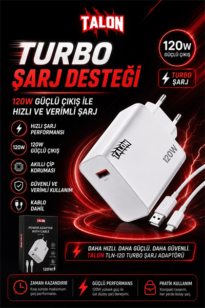 USB Kablolu 120W Güç Adaptörü Hızlı Şarj Destekli Mobil Cihaz Uyumlu Set