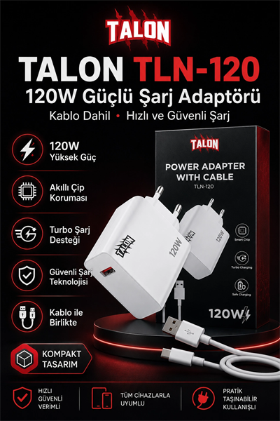USB Kablolu 120W Güç Adaptörü Hızlı Şarj Destekli Mobil Cihaz Uyumlu Set