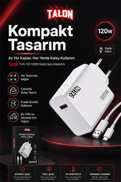 USB Kablolu 120W Güç Adaptörü Hızlı Şarj Destekli Mobil Cihaz Uyumlu Set