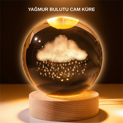 USB LED 3D Yağmur Bulutu Kristal Küre Sıcak Işıklı Ahşap Standlı Gece Lambası