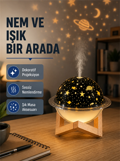 USB Projeksiyon Gece Lambası ve Hava Nemlendirici – Aromaterapi Destekli, Taşınabilir Mini