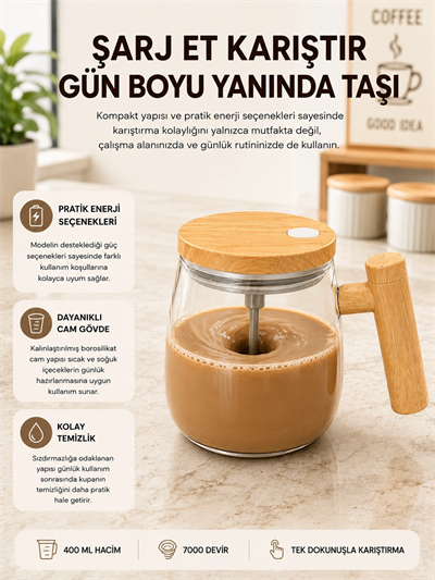 USB Şarjlı Akıllı Karıştırıcı Kupa – Isıtma Altlıklı, IP6 Su Geçirmez Yeni Nesil