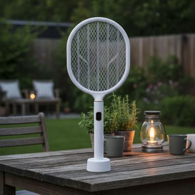 USB Şarjlı Beyaz Renk Kendiliğinden Standlı Şarj Göstergeli UV Işıklı Sinek Öldürme Raketi LTD-718 (3936)