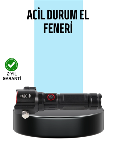 USB Şarjlı Çok Amaçlı El Feneri Çekiçli Pusulalı