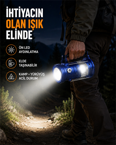 USB Şarjlı Çok Fonksiyonlu Kamp Feneri – Taşınabilir ve Dayanıklı