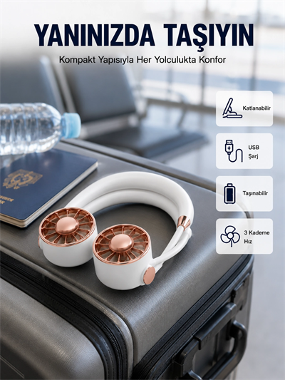USB Şarjlı Katlanabilir Mini Boyun Fanı 1–3 Saat Kullanım