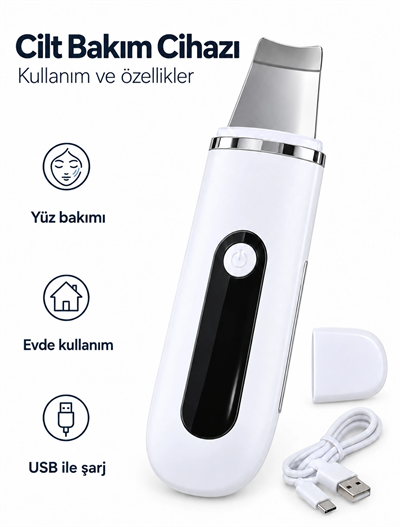 USB Şarjlı Metal Spatula Uçlu Beyaz Yüz ve Cilt Bakım Cihazı