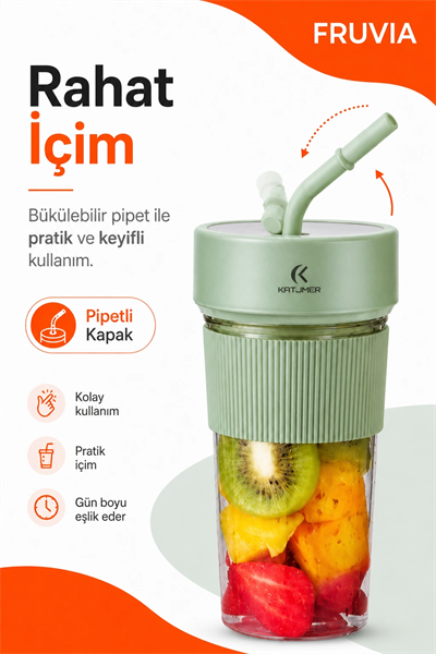 USB Şarjlı Mini Blender Meyve Sıkacağı Pipet Kapaklı Taşınabilir İçecek Haznesi