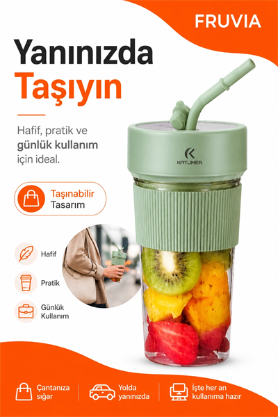 USB Şarjlı Mini Blender Meyve Sıkacağı Pipet Kapaklı Taşınabilir İçecek Haznesi