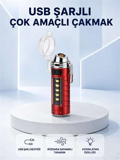 USB Şarjlı Rüzgar Geçirmez Elektrikli Çakmak El Fenerli