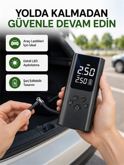 USB Şarjlı Taşınabilir Hava Kompresörü Dijital Ekranlı